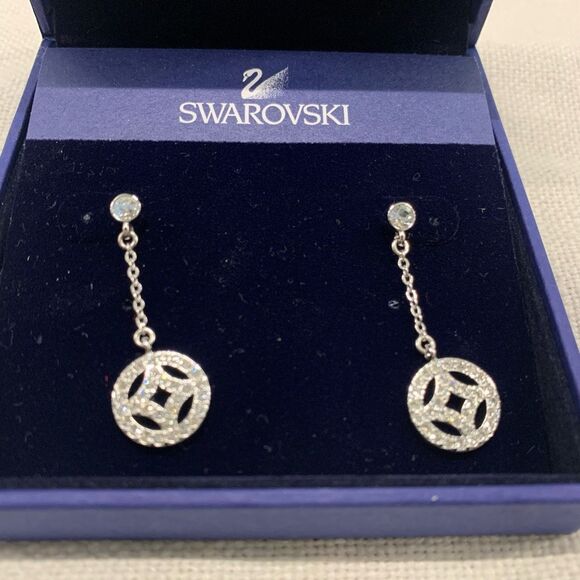 NIB Swarovski Crystal Silver circle motif dangling drop earrings w/ certificate - Picture 3 of 4
